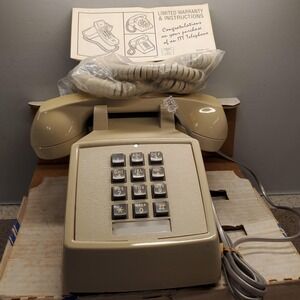NIB Vintage ITT Desk Phone Beige Push Button Landline Telephone USA  Adj Ringer